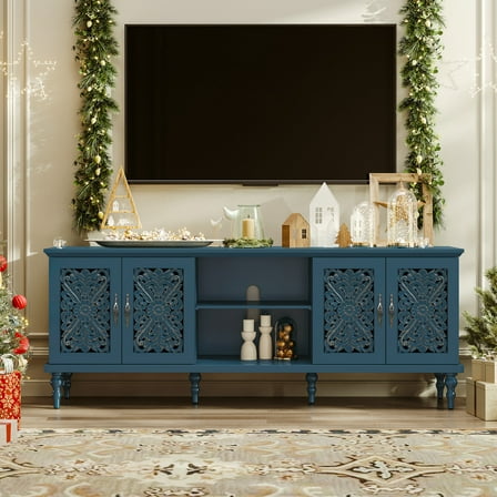 HLR Retro 67" TV Stand, for TVs up to 75", Living Room Entertainment Center with Carved Storage Cabinet, Blue