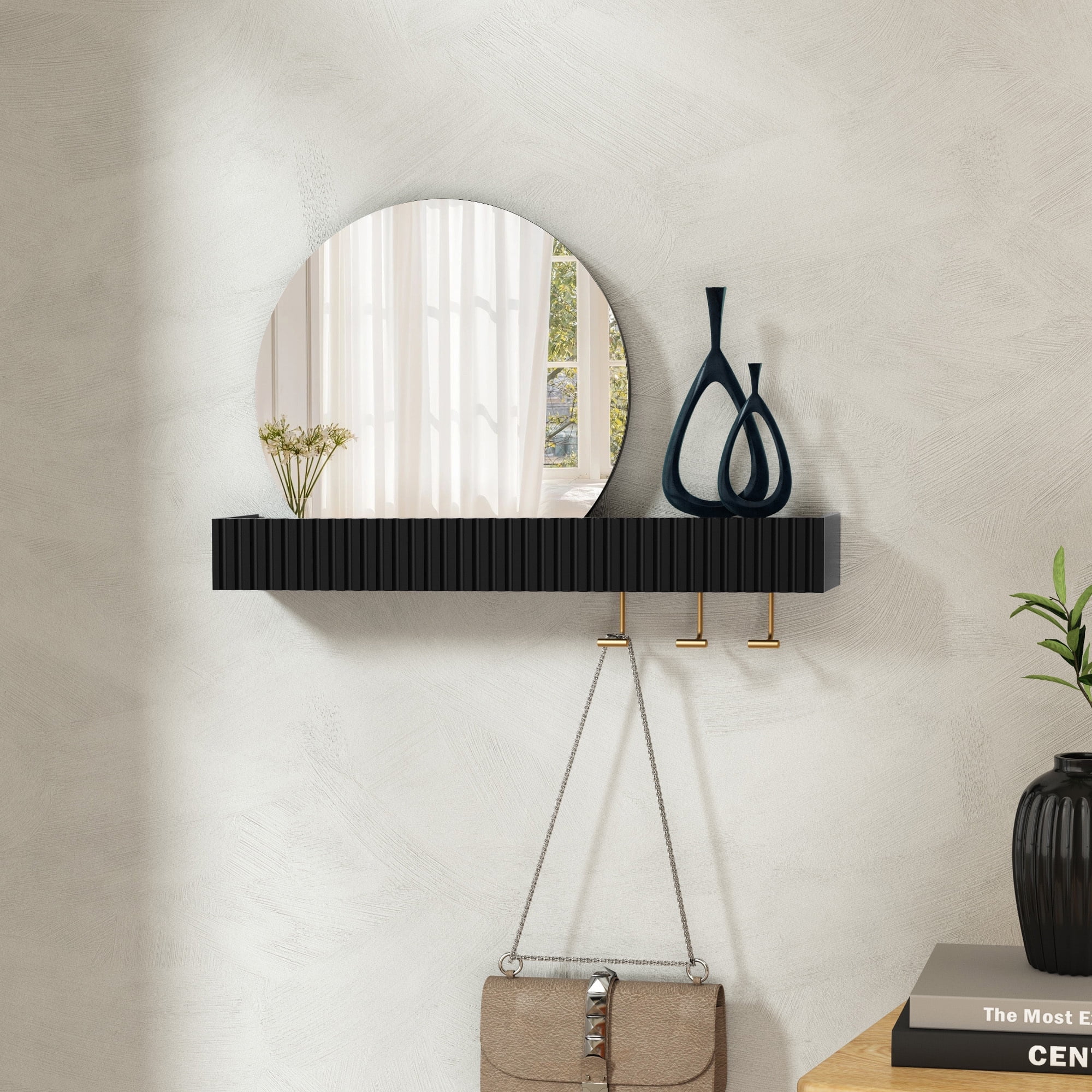 HLR Round Wall Mirror with Shelf & Hooks, 1 Count