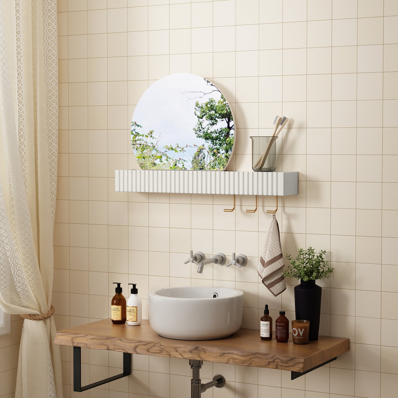 HLR Round Wall Mirror with Shelf and Hooks, Wall Mirror, 1 Count