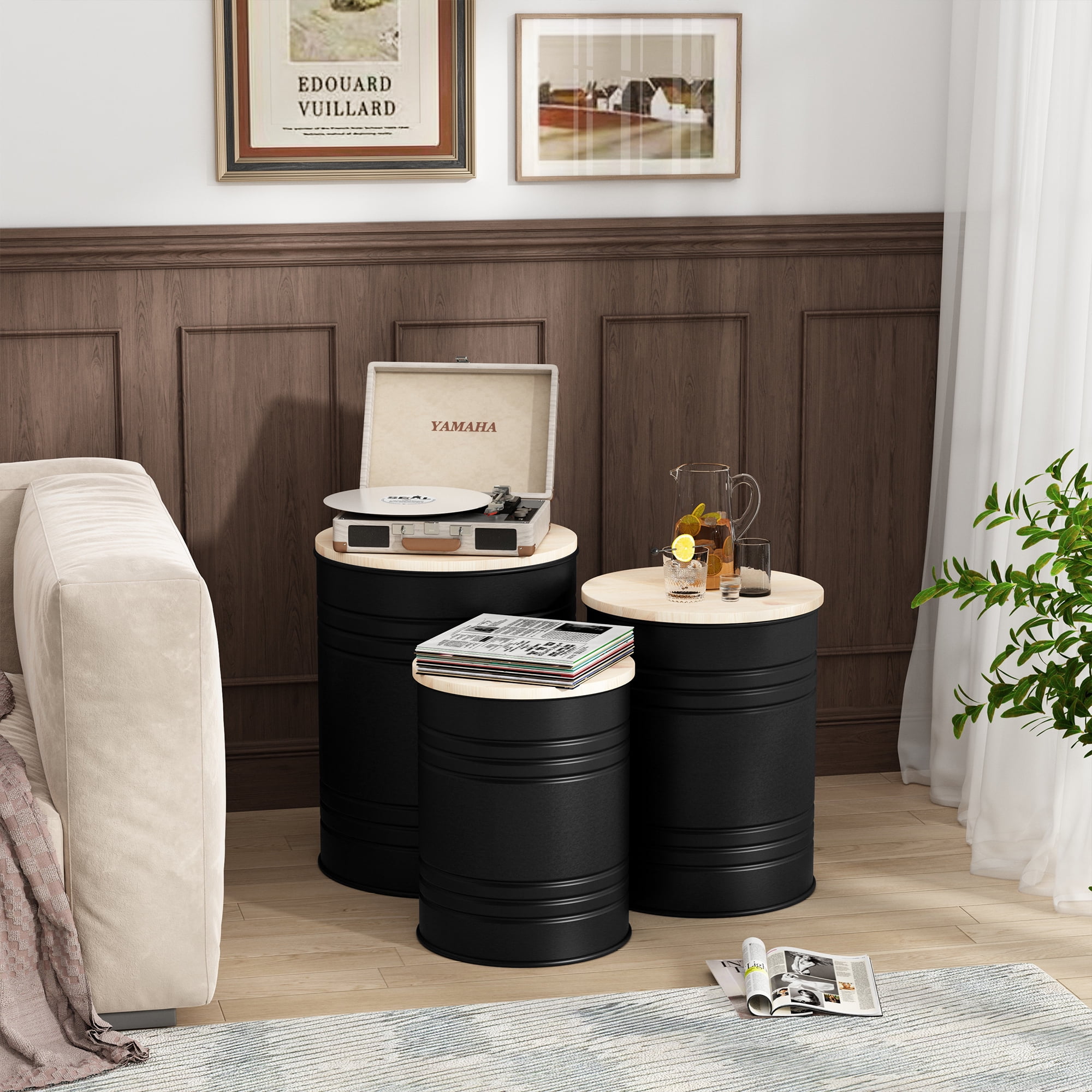 HLR Set of 3 Accent Ottoman Coffee Table Sofa End Table, Round Ottoman