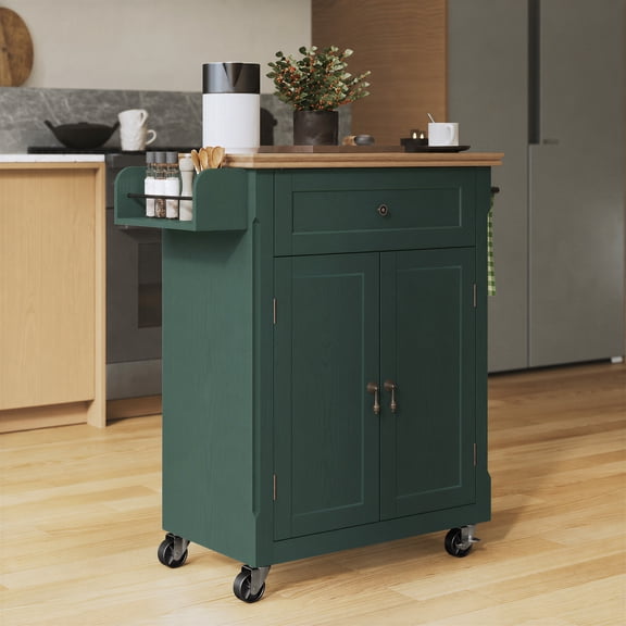 HLR Small Kitchen Islands Table with Storage, Rolling Wood Microwave Cart on Wheels for Dining Room, Green