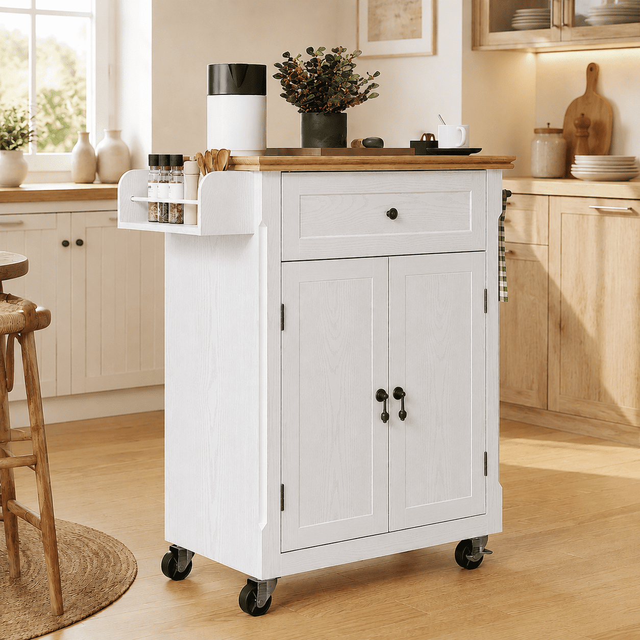 HLR Small Kitchen Islands Table with Storage, Rolling Wood Microwave Cart on Wheels for Dining Room, White
