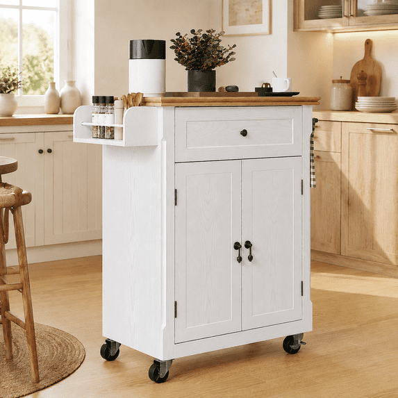 HLR Small Kitchen Islands Table with Storage, Rolling Wood Microwave Cart on Wheels for Dining Room, White