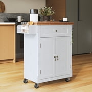 HLR Small Kitchen Islands Table with Storage, Rolling Wood Microwave Cart on Wheels for Dining Room, White