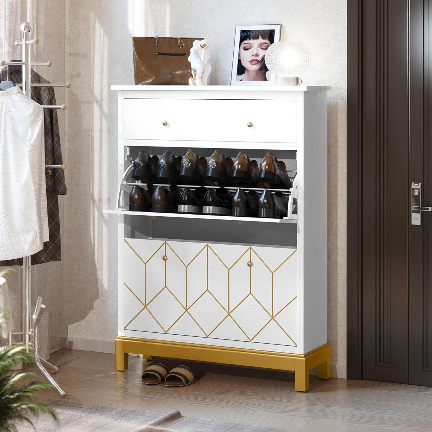 HLR Space Saving Hidden Shoe Cabinet with 2 Flip Doors 1 Drawer ...