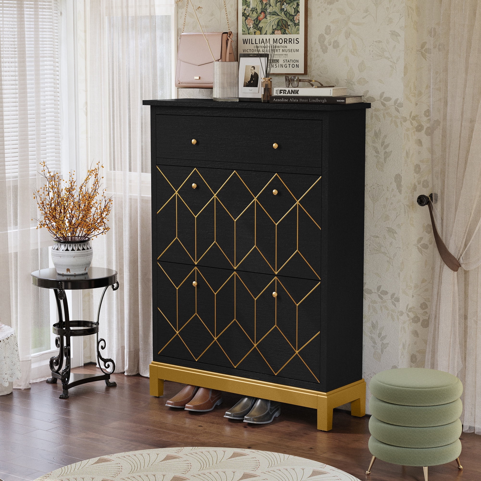HLR Space Saving Shoe Cabinet, 2 Flip Doors, 1 Drawer, Green HLR Space Saving Shoe Cabinet, 2 Flip Doors, 1 Drawer, Green