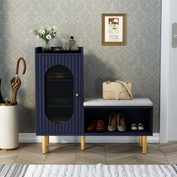 HLR Storage Bench with Glass Door&Shelf, Modern Entryway Shoe Cabinet Bench with Padded Seat, Blue L-Shaped Storage Cabinet for Hallway, Bedroom, Living Room, Office