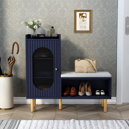 HLR Storage  with Glass Door&Shelf, Modern Entryway Shoe Cabinet  with Padded Seat, Blue L-Shaped Storage Cabinet for Hallway, Bedroom, Living Room, Office
