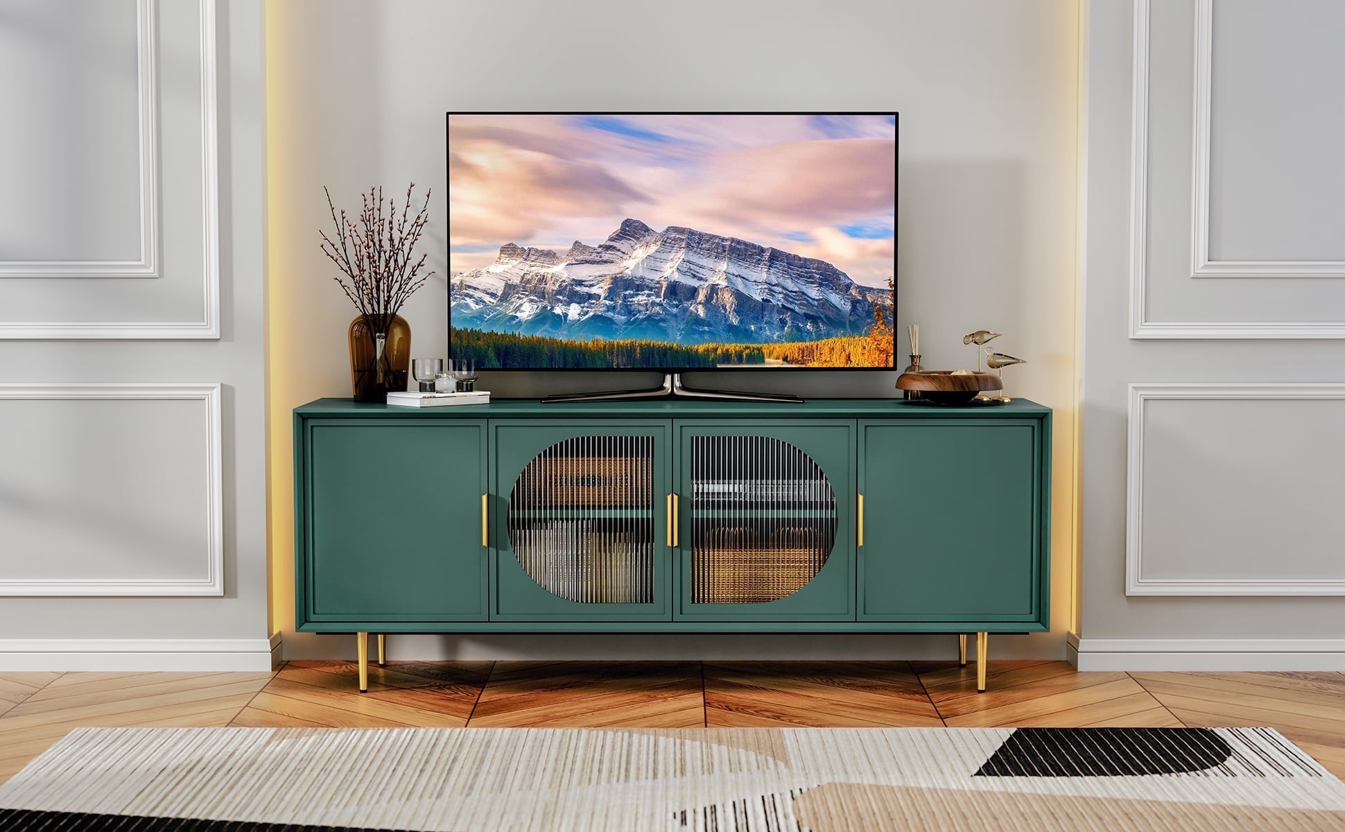 HLR Modern Entertainment Center for TVs up to 75 inches Sturdy TV Stand with Storage Green