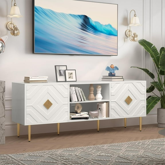 HLR TV Stand for 65/70/75 inch TV, Entertainment Center with Storage Cabinets and Embossed Pattern Doors, Mid Century Modern Media TV Console Table for Living Room Bedroom