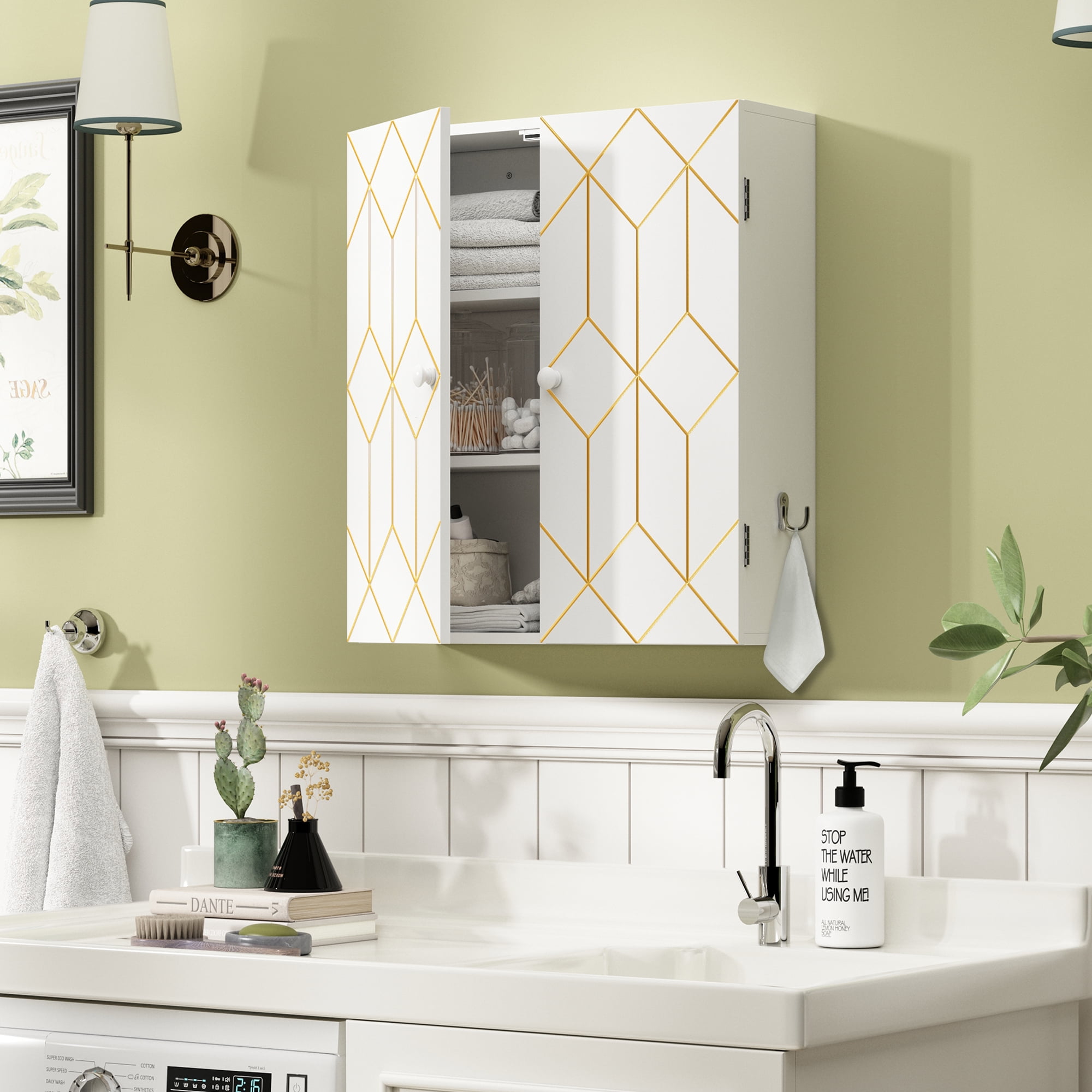 HLR WallMounted Bathroom Storage with Gold Trim,Hanging