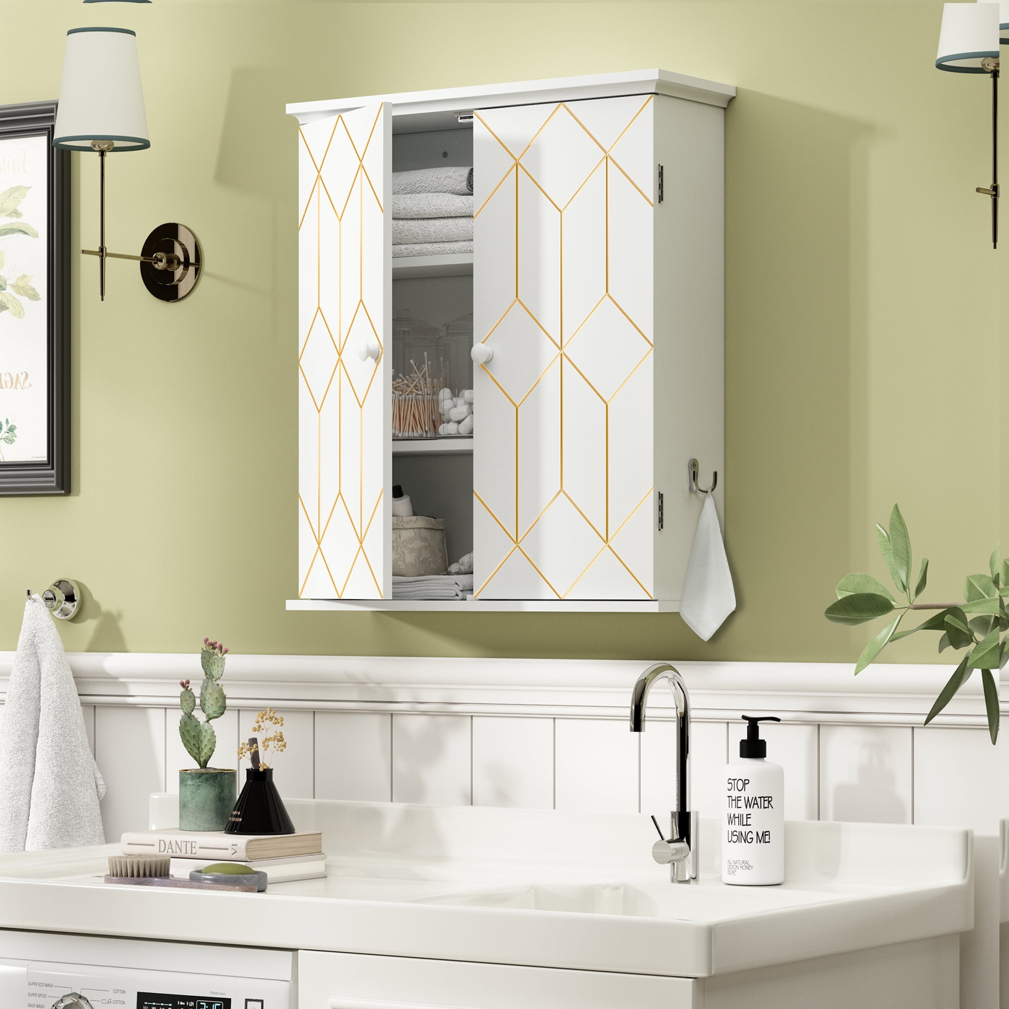 HLR WallMounted Bathroom Storage with Gold Trim, Bathroom