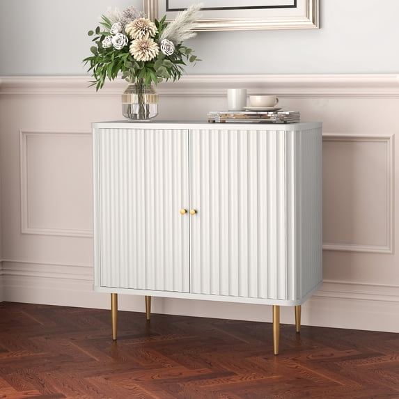 HLR White Accent Cabinet with Fluted Textured, Modern Sideboard Buffet Cabinet with 2-Doors