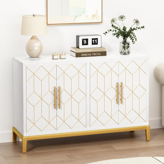 HLR 48" Modern Wood Credenzas & Sideboards with Gold Trim, Storage Cabinet with 4 Doors, White