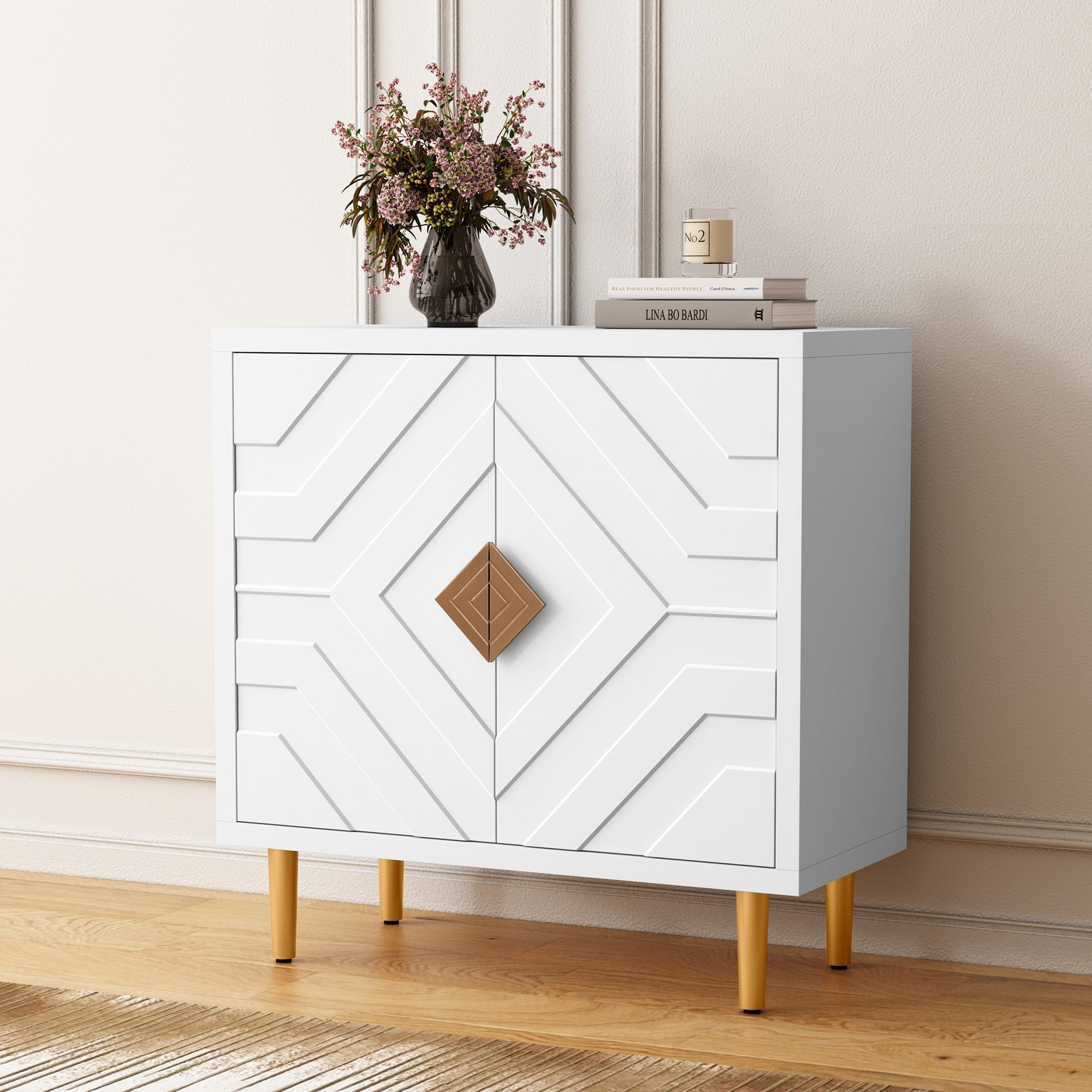 HLR White Accent Storage Cabinet with Decorative Embossed Pattern 2 Doors 14.2 D x 31.7 W x 32.3 H