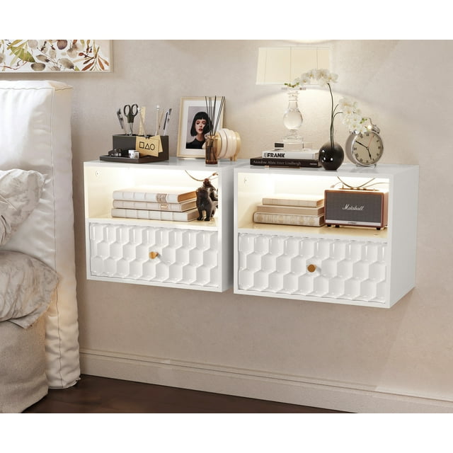 HLR White Floating Nightstand Set of 2 Shelves with Drawer, Modern