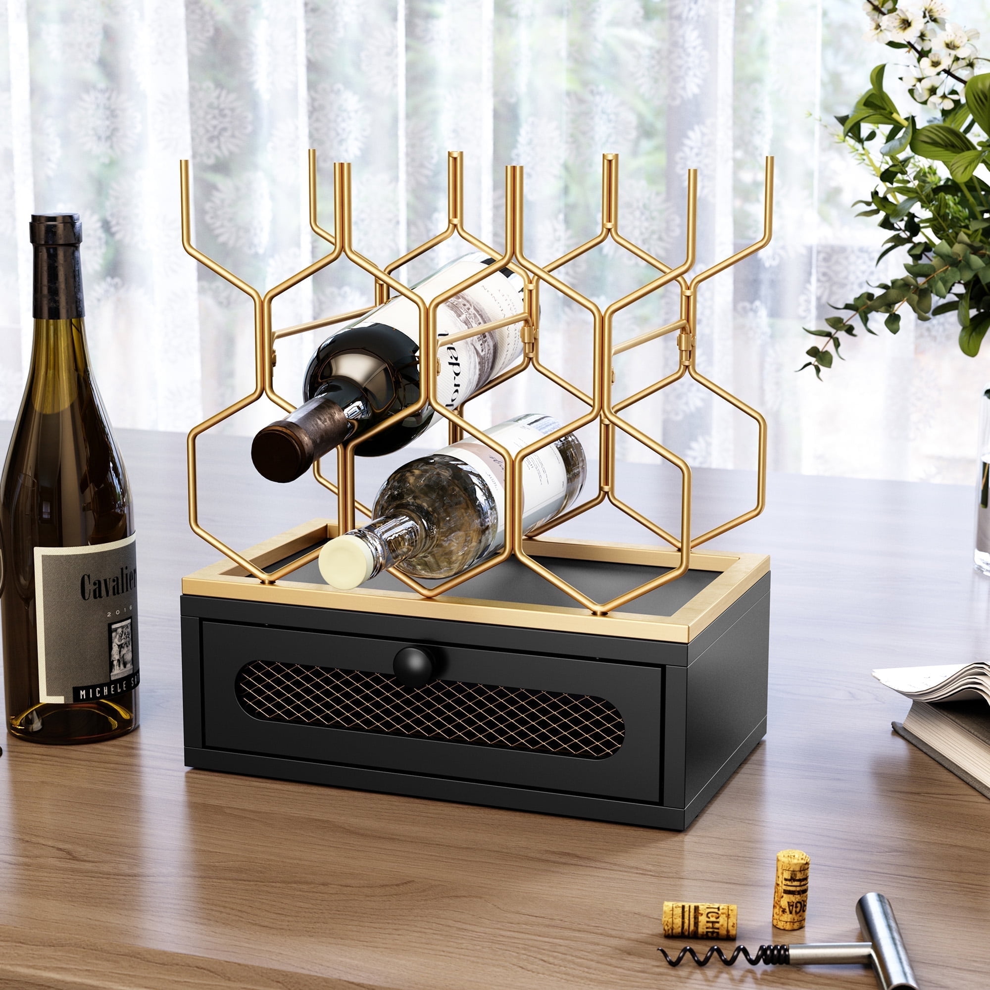 HLR 3-Tier Countertop Wine Rack with Small Cabinet, Tabletop Wine Rack ...