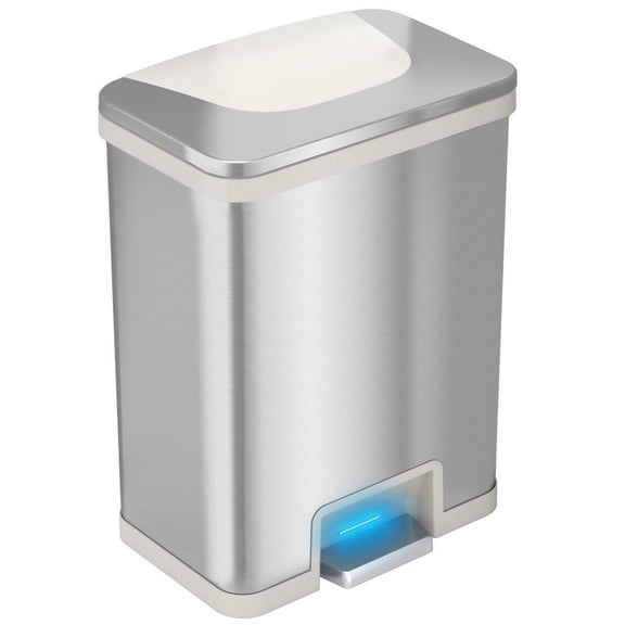 HLS Commercial HLS13SW 13 Gallon / 49 Liter Stainless Steel Pedal-Sensor White Trim Trash Can With Odor Filter