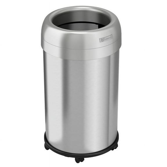HLS Commercial HLMHLS13STRM Open Top Trash Can Receptacle with Wheels, Round, 13 gal, Plastic & Stainless Steel, Silver