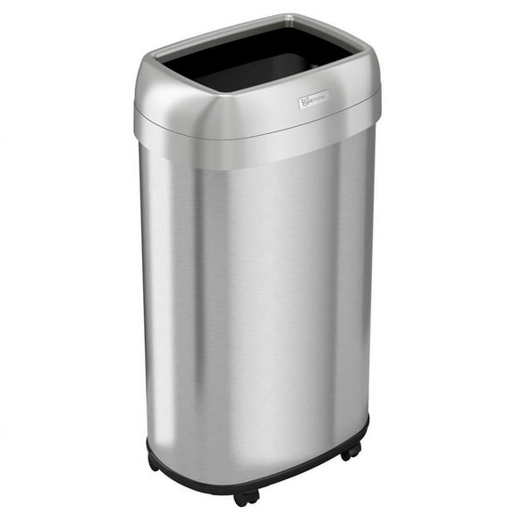 HLS Commercial HLMHLS16STVM Open Top Trash Can Receptacle with Wheels, Oval, 16 gal, Plastic & Stainless Steel, Silver