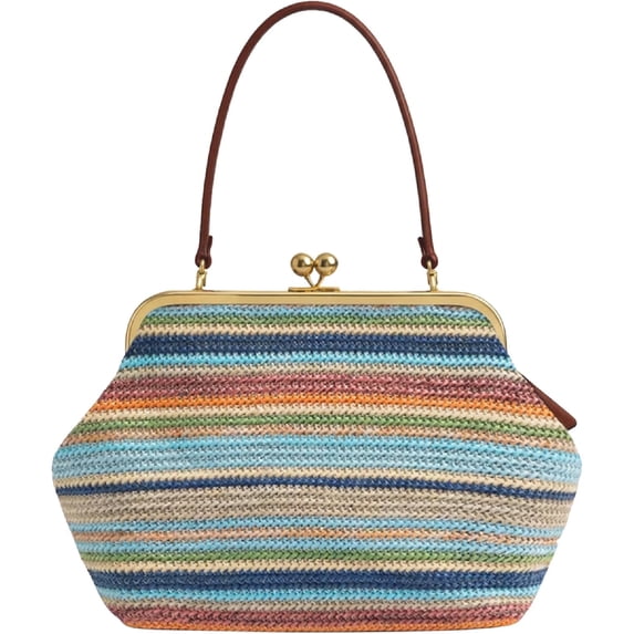 HLSHJDF Woven Straw Handbag, Large Capacity Rainbow Striped Shoulder Bag with Metal Frame, Summer Beach Purse for Women