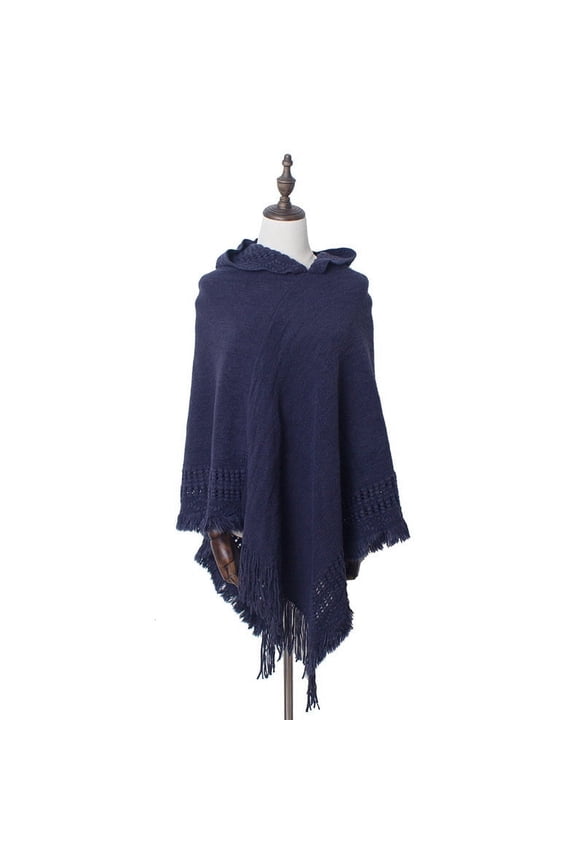 Fall Winter Knitted Hooded Solid Color Pullover Sweater Poncho Women Casual Tassel Batwing Sleeve Shawl Cloak Female Cape 111