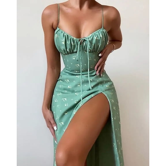 HLSOHJP Flower Pleated Summer Dress Women Casual Sleeveless Midi Dress Vestidos Backless Lace Up Elegant Sexy Dress Clothes