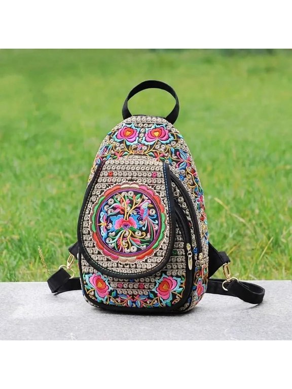 Handmade Embroidered Design Canvas Backpack Women Small Ethnic Rucksack Knapsack Female Travel Multifunction Shoulder Chest Bag