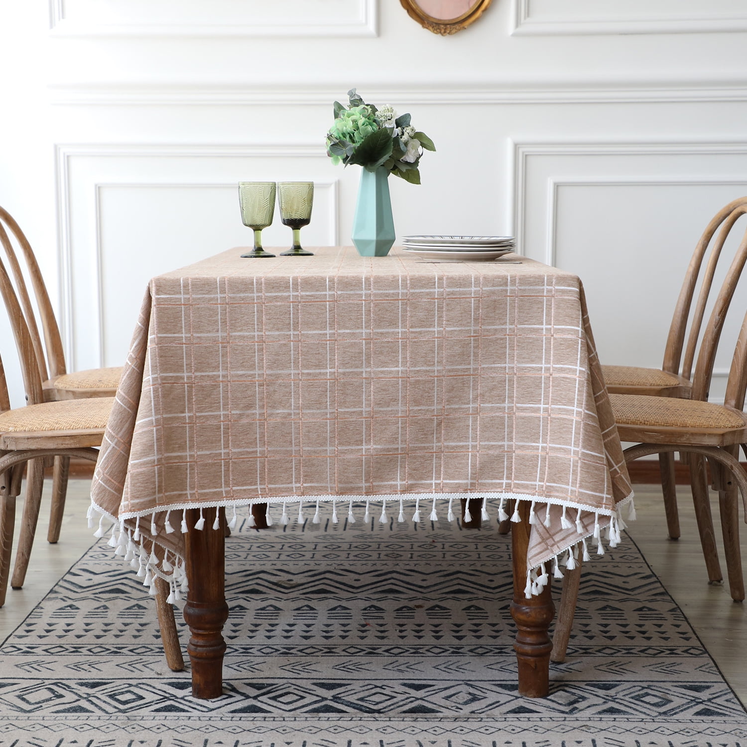 HLSOHJP Modern Minimalist Ins Plaid Tablecloth Tassel Cotton Linen
