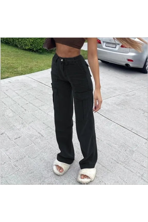 New Black and Brown Women High Waist Straight Jeans Fashion Loose Denim Cargo Pants Street Casual Trousers S-XL Drop ship