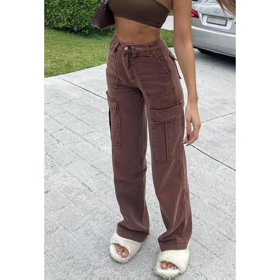 HLSOHJP New Black and Brown Women High Waist Straight Jeans Fashion Loose Denim Cargo Pants Street Casual Trousers S-XL Drop ship