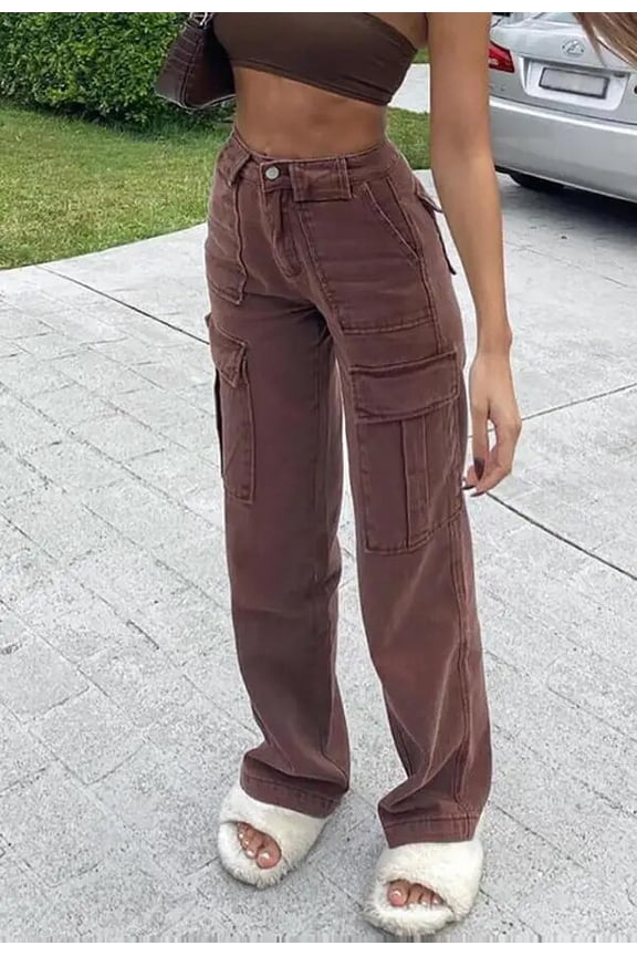 New Black and Brown Women High Waist Straight Jeans Fashion Loose Denim Cargo Pants Street Casual Trousers S-XL Drop ship