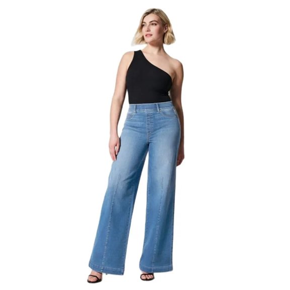 HLSOHJP New Elastic Waist Jeans For Women Fashion High Stretch Denim Wide Leg Pants Casual Female Trousers S-2XL Drop shipping