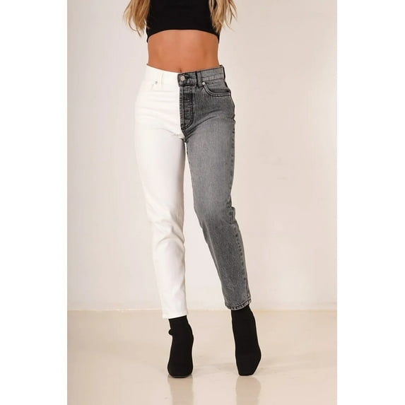 HLSOHJP New White and Grey Stitched Jeans For Women Fashion High Waist Denim Straight Pants Street Trendy Trousers S-2XL Drop ship