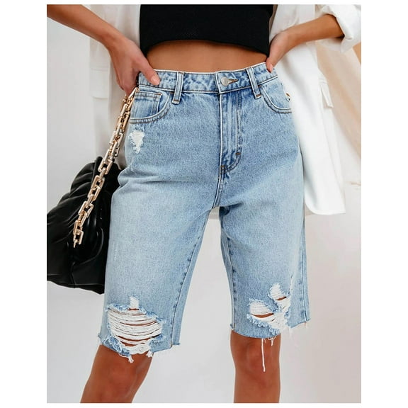 HLSOHJP New Women's Summer Ripped Denim Shorts Fashion High Elastic Slim Knee Length Jeans Shorts S-2XL Drop Shipping