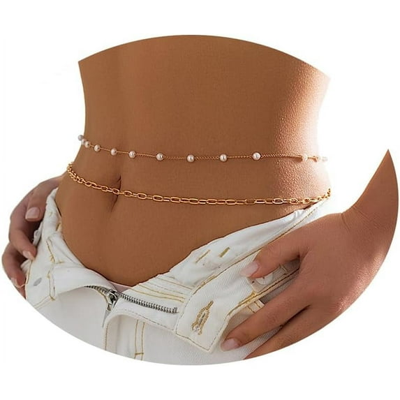 HLSOHJP Pearl Waist Chain Layered Beaded Belly Chain for Women Waist Beads Chain Sexy Bikini Body Chain Gold Summer Beach Jewelry Stomach Chain jewelry