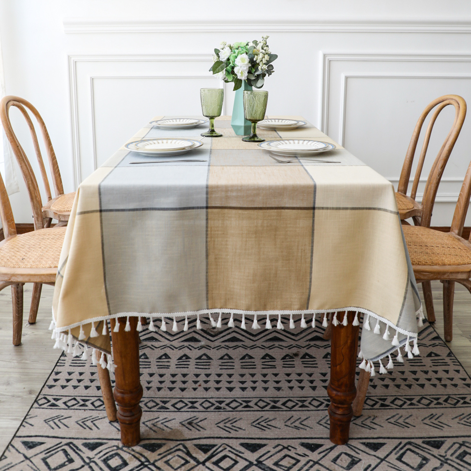 HLSOHJP Simple Plaid Cotton Linen Tablecloth, Student Dormitory Desk