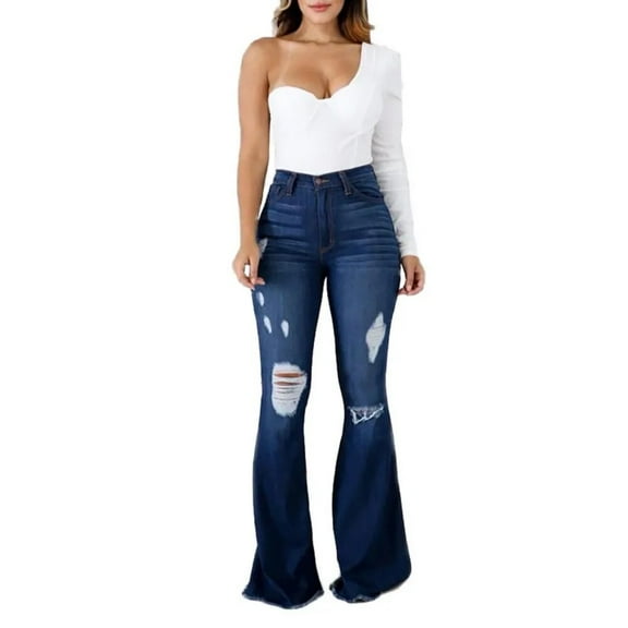 HLSOHJP Spring New High Waist Ripped Flared Jeans For Women Fashion Stretch Slim Denim Pants Casual Female Clothing S-3XL Drop Ship