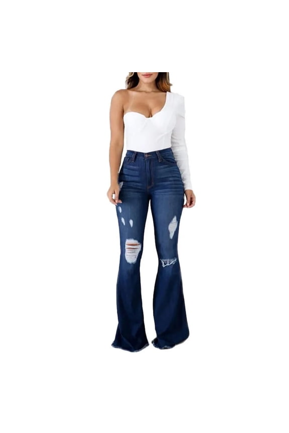 Spring New High Waist Ripped Flared Jeans For Women Fashion Stretch Slim Denim Pants Casual Female Clothing S-3XL Drop Ship