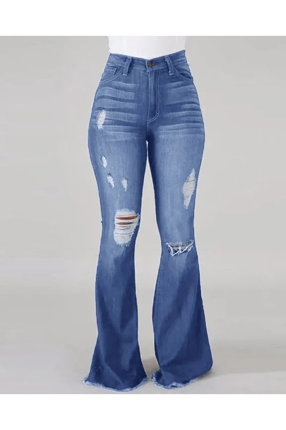 Spring New High Waist Ripped Flared Jeans For Women Fashion Stretch Slim Denim Pants Casual Female Clothing S-3XL Drop Ship