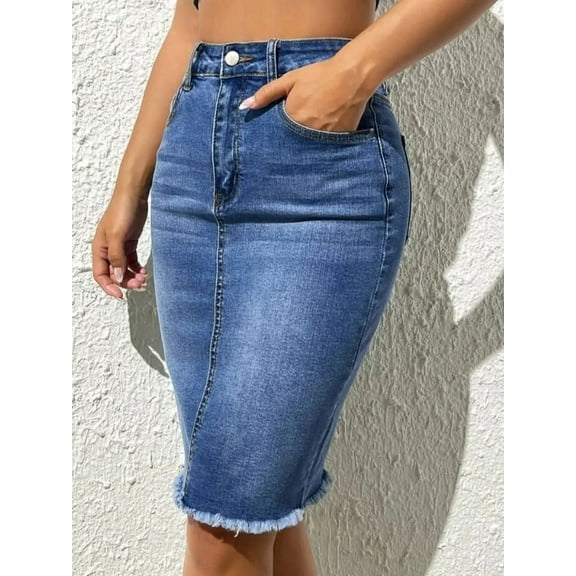HLSOHJP Summer New High Elastic Raw Edge Slim Denim Skirt for Women Fashion Skinny Jeans Hip Cover Skirt Casual Ladies Clothing