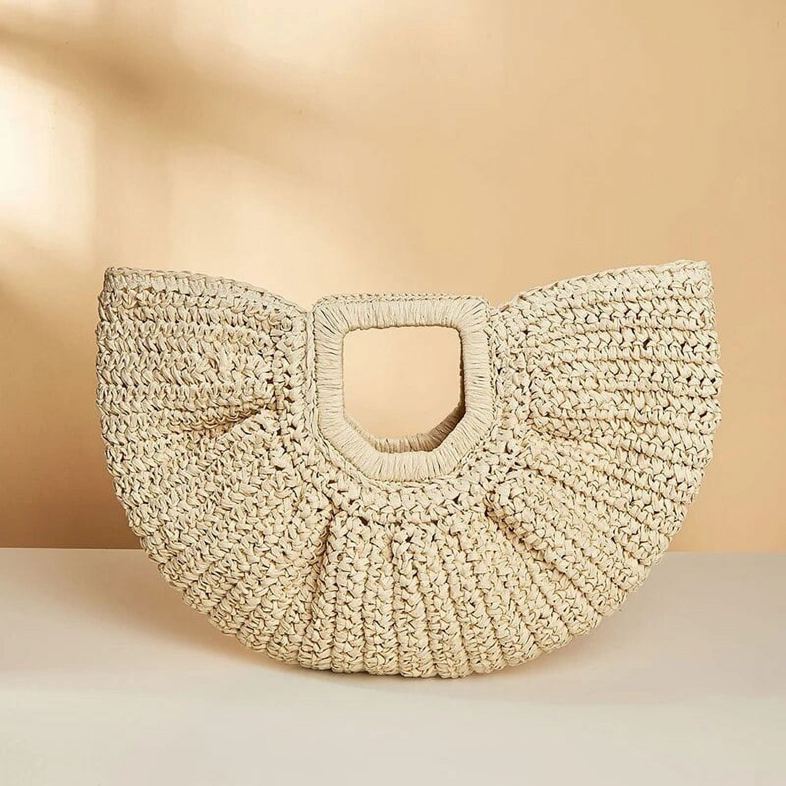 HLSOHJP Summer Woven Straw Bag Moon Large Capacity Purse and Handbag For Women Beach Basket Bags Fashion Travel Shoulder Shopper Totes
