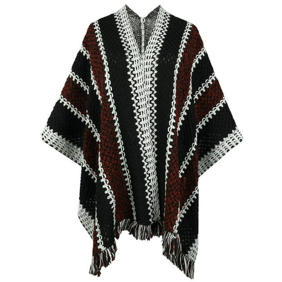 HLSOHJP Vintage Striped Patchwork Poncho Spring Autumn Half Sleeve Tassel Cape Shawl Scarf Women KnittedCardigan Cape Coats 111