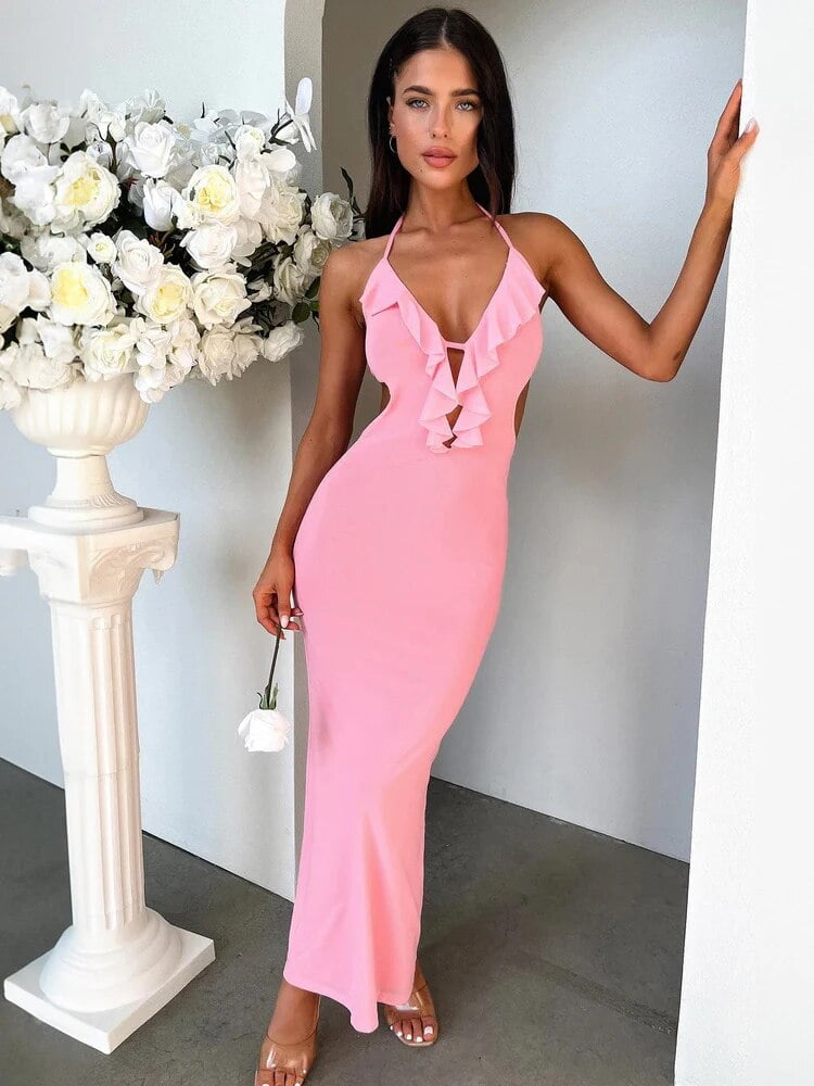 HLSOHJP White Halter Ruffle Backless Sexy Dress For Women Robes Elegant ...