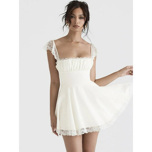 HLSOHJP White Lace Ruffle Backless Sexy Dress Women Bandage Pleated ...