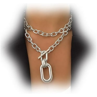 HLSOHJP Women Choker Necklace Gold Silver Chunky Thick Metal Necklace Chain Layered Punk Necklace