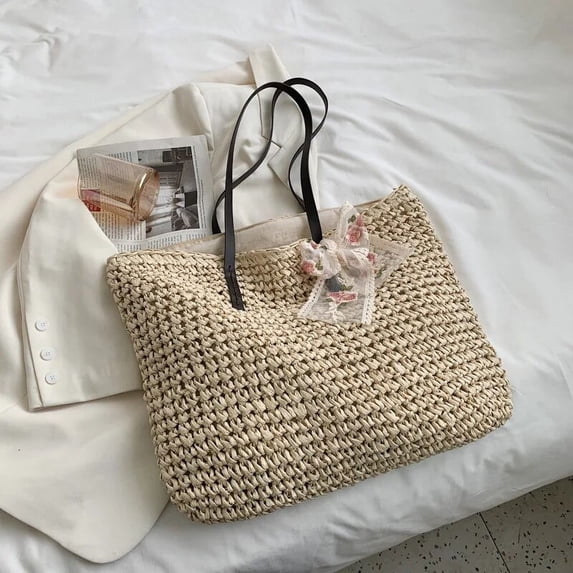 HLSOHJP Women Handbag Summer Beach Bag Rattan Woven Handmade Knitted Straw Large Capacity Totes Leather Women Shoulder Bag Bohemia New