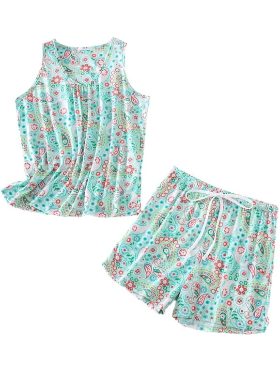 Women's 2 Piece Cartoon Shorts Pajamas Set Cotton Pjs Short Comfy Lightweight Sleeveless Drawstring
