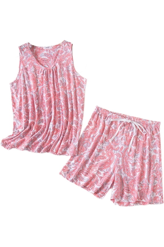 Women's 2 Piece Cartoon Shorts Pajamas Set Cotton Pjs Short Comfy Lightweight Sleeveless Drawstring