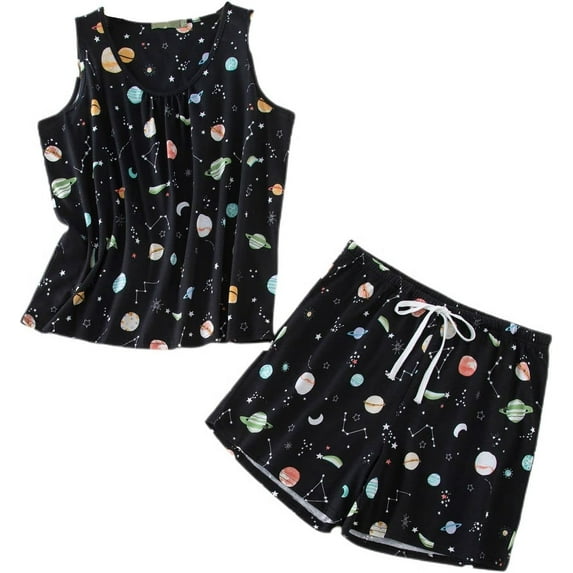 HLSOHJP Women's 2 Piece Cartoon Shorts Pajamas Set Cotton Pjs Short Comfy Lightweight Sleeveless Drawstring